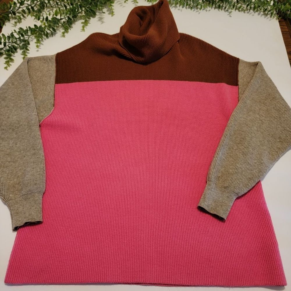 Free People Oversized Colorblock Turtleneck Sweater Pink Brown Size Small - Picture 2 of 11